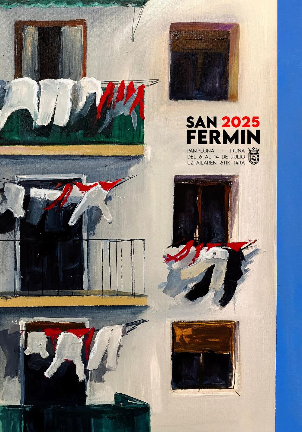 Cartel ganador 2023, en el que aparece ropa sanferminera tendida en un balcón de una casa típica del casco antiguo